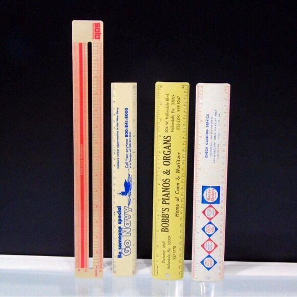 Vintage Advertising Rulers Go Navy Bobs Pianos Check Cashing Word Processing - Picture 1 of 6
